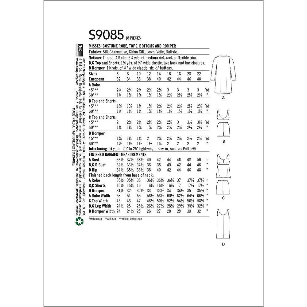 Simplicity‎ Sewing Pattern 9085 10549 Costume Robe Top Bottoms Romper Size 14-22